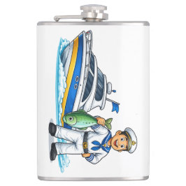 Cartoon Sailor with Yacht and Fish Nautical Art Fickplunta
