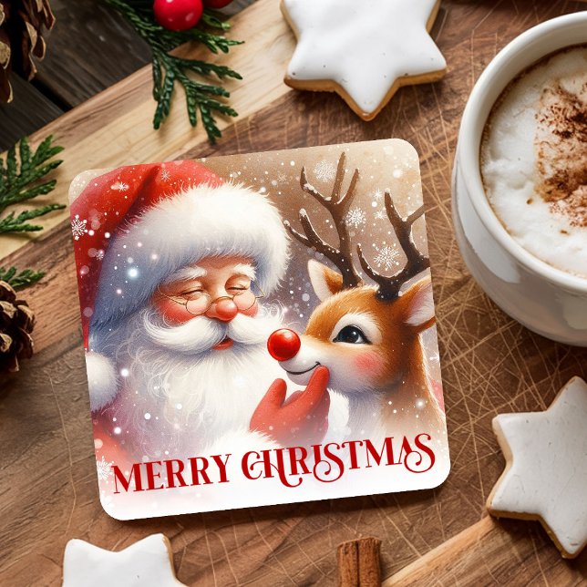 Cartoon Santa and Rudolph Cute Christmas Coasters Underlägg Papper Kvadrat (Cartoon Santa and Rudolph Cute Christmas Coasters)