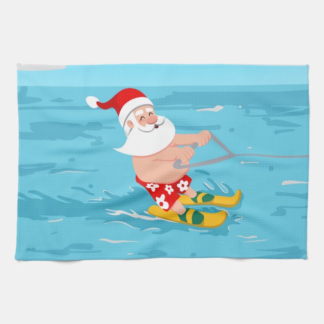 Cartoon Santa Claus water skiing Kökshandduk (Horisontell)