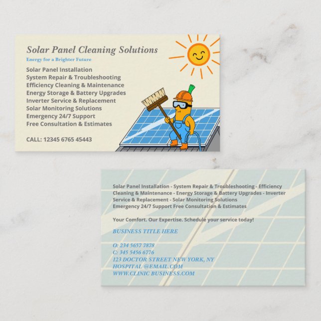 Cartoon Solar Panel Cleaning Services Visitkort (Fram/baksida)