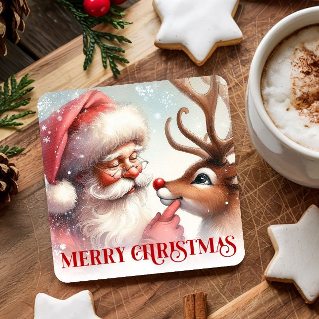 Cartoon Style Cute Santa and Rudolph Paper Coaster Underlägg Papper Kvadrat (Cartoon Style Cute Santa and Rudolph Paper Coasters)