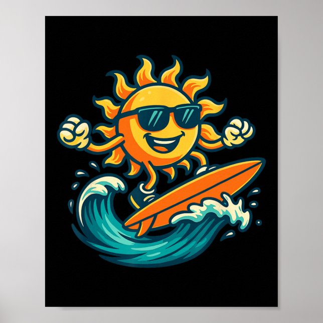 Cartoon Sun Surfing Summer Beach Wave Art  Poster (Framsidan)
