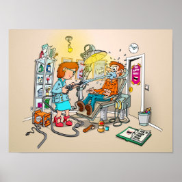Cartoon; tanden poetsen bij de mondhygiëniste. poster