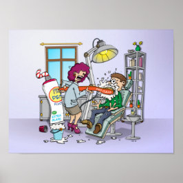Cartoon; tanden poetsen bij de mondhygiëniste. poster