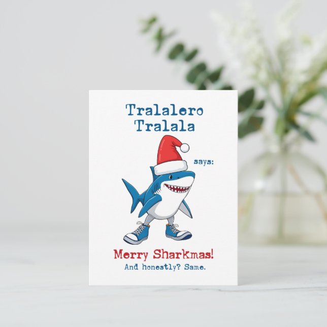 Cartoon Tralalero Tralala Says Merry Sharkmas Helg Vykort (Stående Fram)