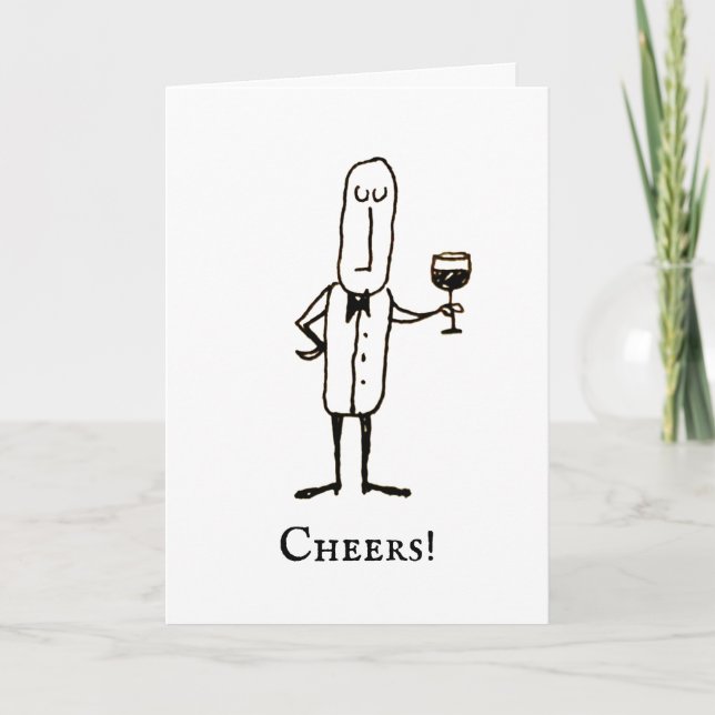 Cartoon Waiter Holding Wine Happy Birthday Card Kort (Framsida)