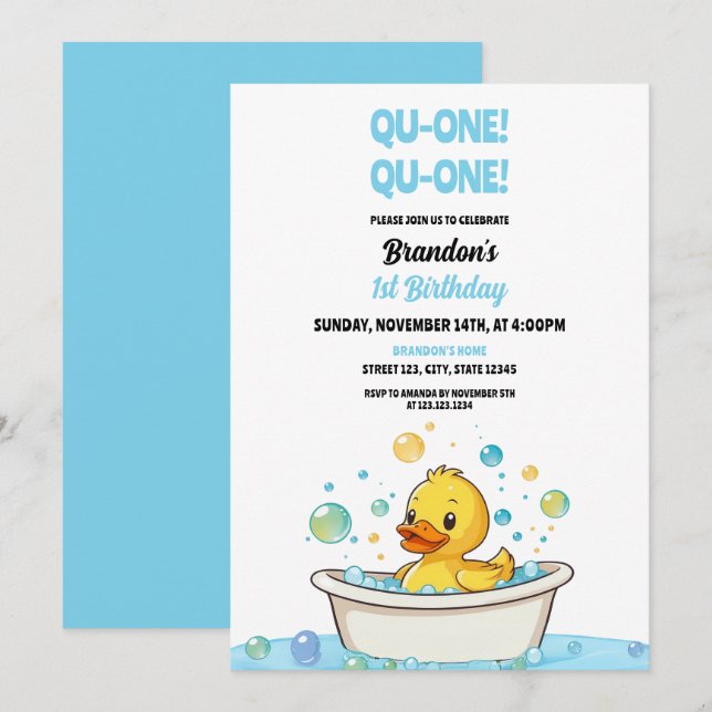 Cartoon Yellow Duck Baby 1st Birthday Inbjudningar (Fram/baksida)