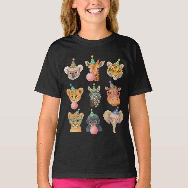 Cartoon Zoo Animals with Party Hats & Bubble Gum T Shirt (Framsida)