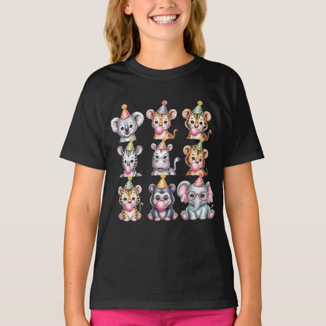 Cartoon Zoo Animals with Party Hats & Bubble Gum T Shirt (Framsida)
