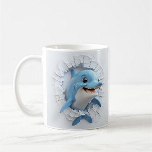 Cartoonish Blue Dolphin Genombrott av vägg Kaffemugg