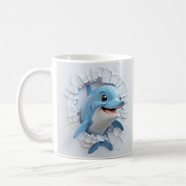 Cartoonish Blue Dolphin Genombrott av vägg Kaffemugg (Vänster)
