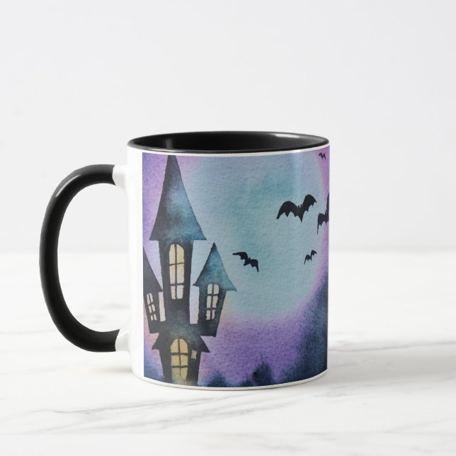 Cartoony Haunted House Full Moon Halloween Mugg (Vänster)