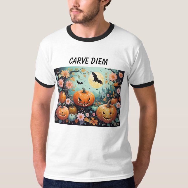 Carve Diem Funny Halloween Pumpkins T Shirt (Framsida)