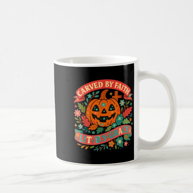 Carved By Faith Lit Grace Cute Fall Pumpkin  Kaffemugg (Höger)