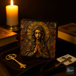 Carved Devotion  Wooden Mary Kakelplatta