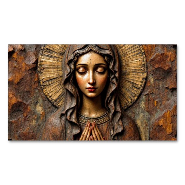 Carved Devotion  Wooden Mary Magnetiska Visitkort (Framsida)