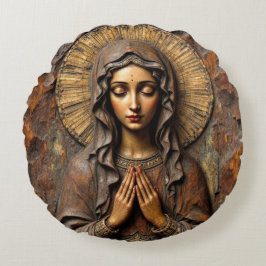 Carved Devotion  Wooden Mary Rund Kudde