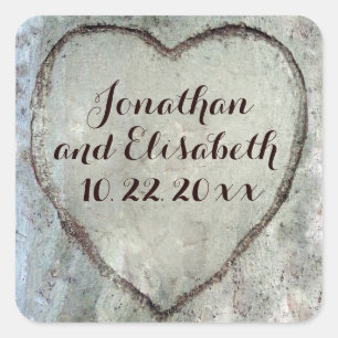 Carved Heart Birch Träd Wedding Favor Fyrkantigt Klistermärke