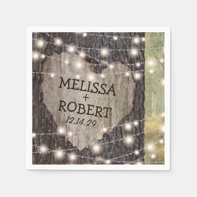 Carved Heart Träd Bröllop | Rustic String Ljus Pappersservett (Framsidan)