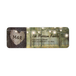 Carved Heart Träd Bröllop | Rustic String Ljus Returadress Etikett