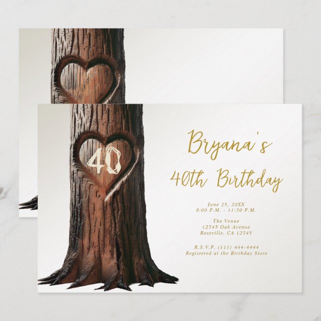 Carved Heart Träd stump Rustic Minimal födelsedag Inbjudningar (Fram/baksida)