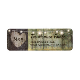 Carved Heart Tree Wedding | Rustic String Lights Returadress Etikett