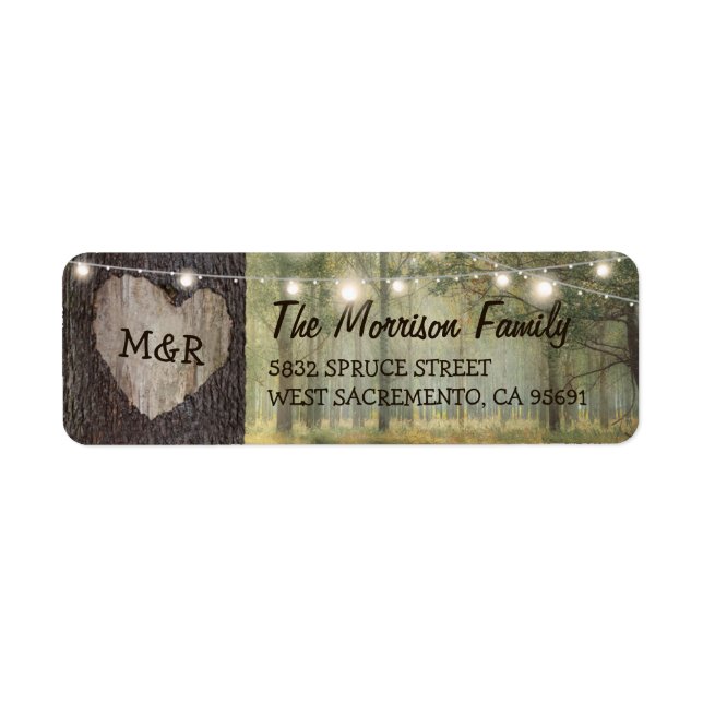 Carved Heart Tree Wedding | Rustic String Lights Returadress Etikett (Framsidan)