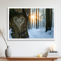 Carved Heart Winter Forest Bröllop Newlyged Couple