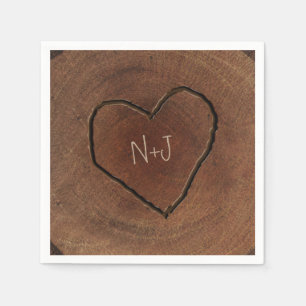 Carved Heart Wood Träd Bark Rustic Bröllop Pappersservett