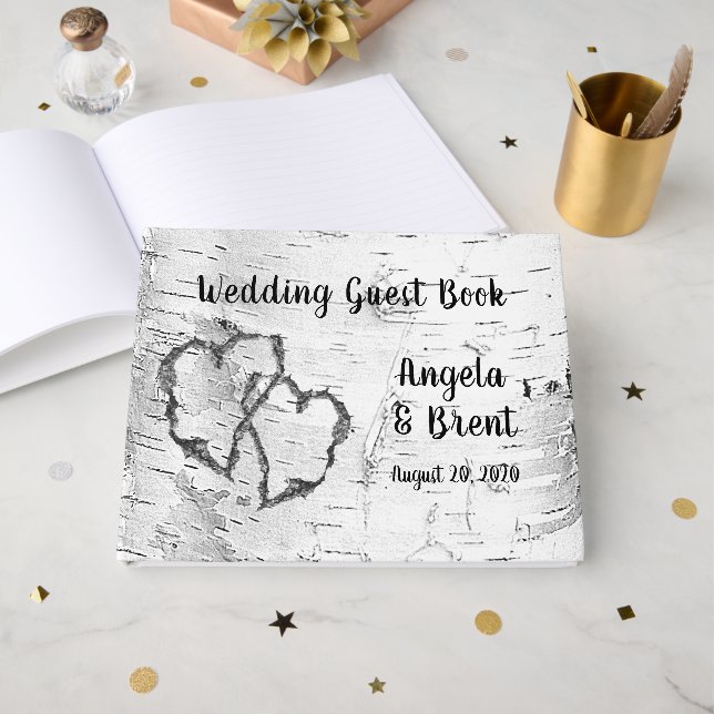 Carved Hearts Birch Träd Bark Guest Bok (Framsida Öppen)