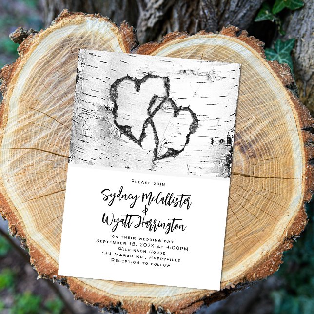 Carved Hearts White Birch Bark Wedding Inbjudningar (Skapare uppladdad)