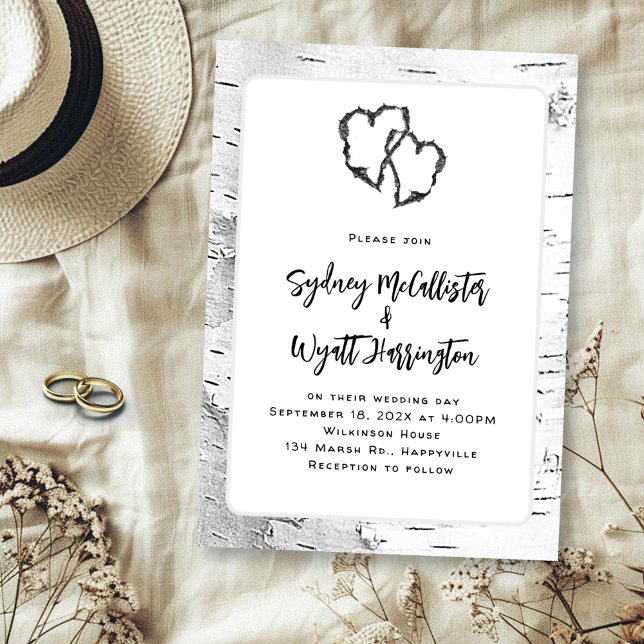 Carved Hearts White Birch Träd Bröllop Inbjudningar (Skapare uppladdad)