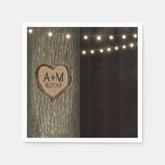 Carved Initialer Old Oak Träd Bröllop Napkins Pappersservett (Framsidan)