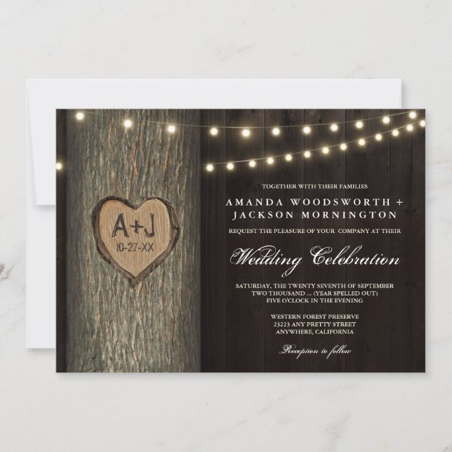 Carved Initialer Old Oak Träd bröllopsinbjudningar Inbjudningar (Framsida)