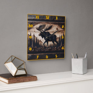 Carved Moose Design in Forest Setting Fyrkantig Klocka