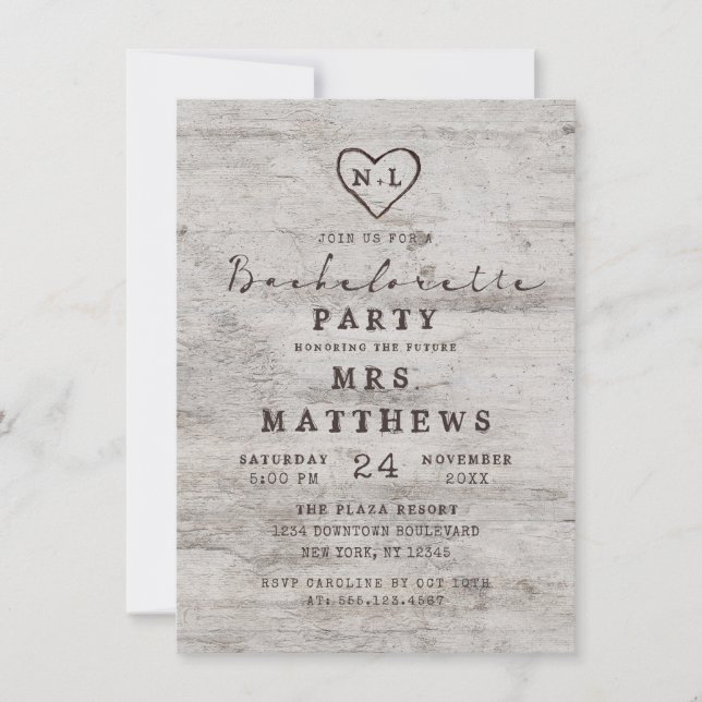 Carved Sweethearts Rustic Birch Bachelorette Party Inbjudningar (Framsida)