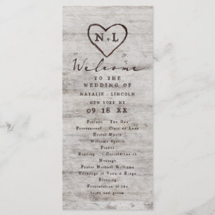 Carved Sweethearts Rustic Birch Bröllop Ceremony Program