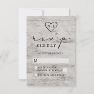 Carved Sweethearts Rustic Birch Bröllop OSA Reply Kort