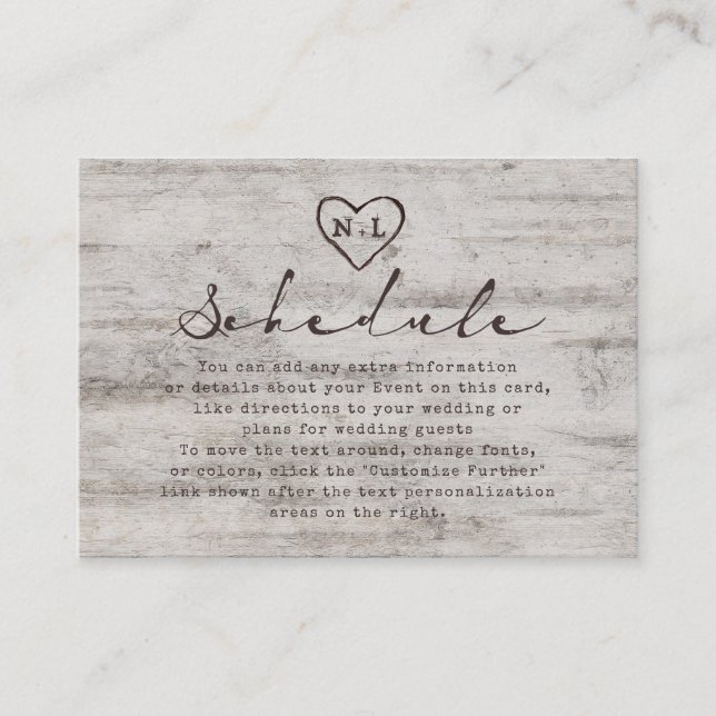 Carved Sweethearts Rustic Birch Bröllop Schedule Tilläggskort (Framsida)