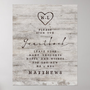 Carved Sweethearts Rustic Birch Guestbook-tecken Poster
