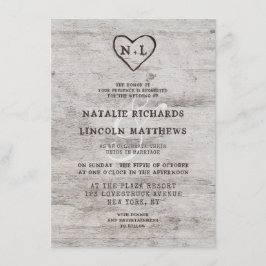 Carved Sweethearts Rustic Birch Wood Bröllop Inbjudningar