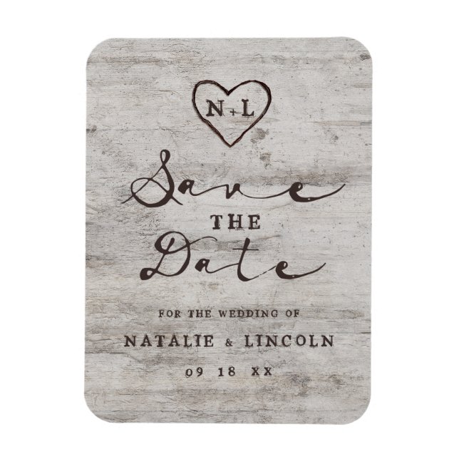 Carved Sweethearts Rustic Birch Wood Save the Date Magnet (Vertikal)