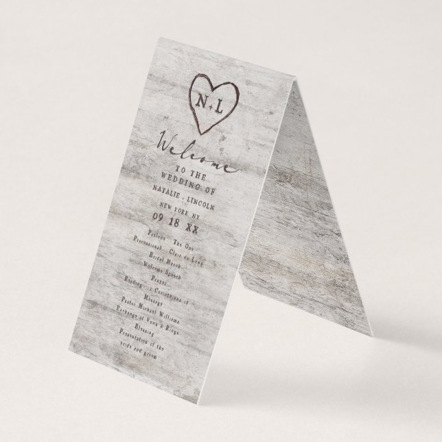 Carved Sweethearts Rustic Bröllop Ceremony Program Kort (Framsida)