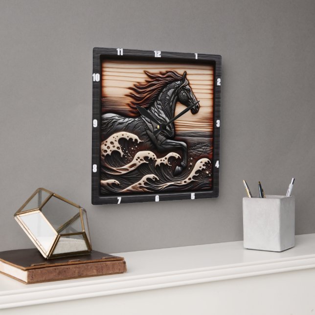 Carved Wave Gallop: Wood Tittar Horse Fyrkantig Klocka (Kontor)