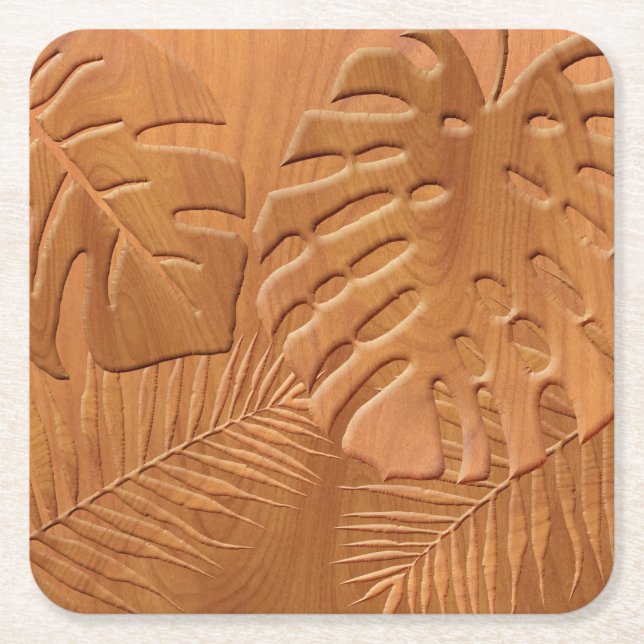 Carved Wood Foliage Faux Skriv ut Underlägg Papper Kvadrat (Framsidan)