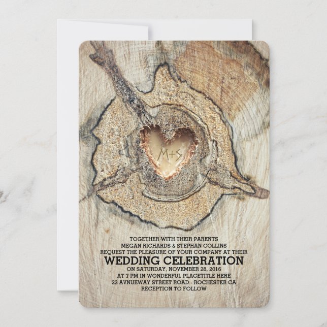 Carved Wood Heart Rustic Träd Inbjudningar (Framsida)
