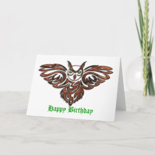 Carved Wood Horned Uggla Birthday Kort