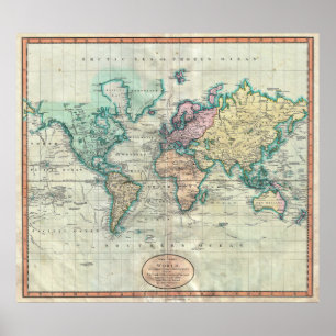Cary karta 1801 av världen på Mercator projektion Poster