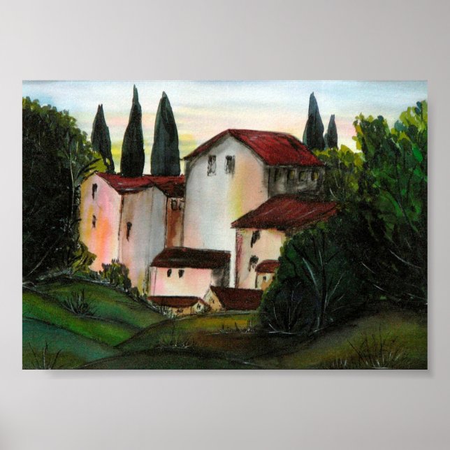 Casa de Pueblo Dibujo Tuscany italien Countryside  Poster (Framsidan)