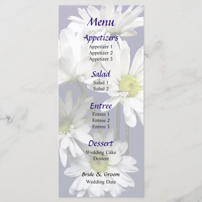 Cascade White Daisy Bröllop Menu Meny (Framsida)